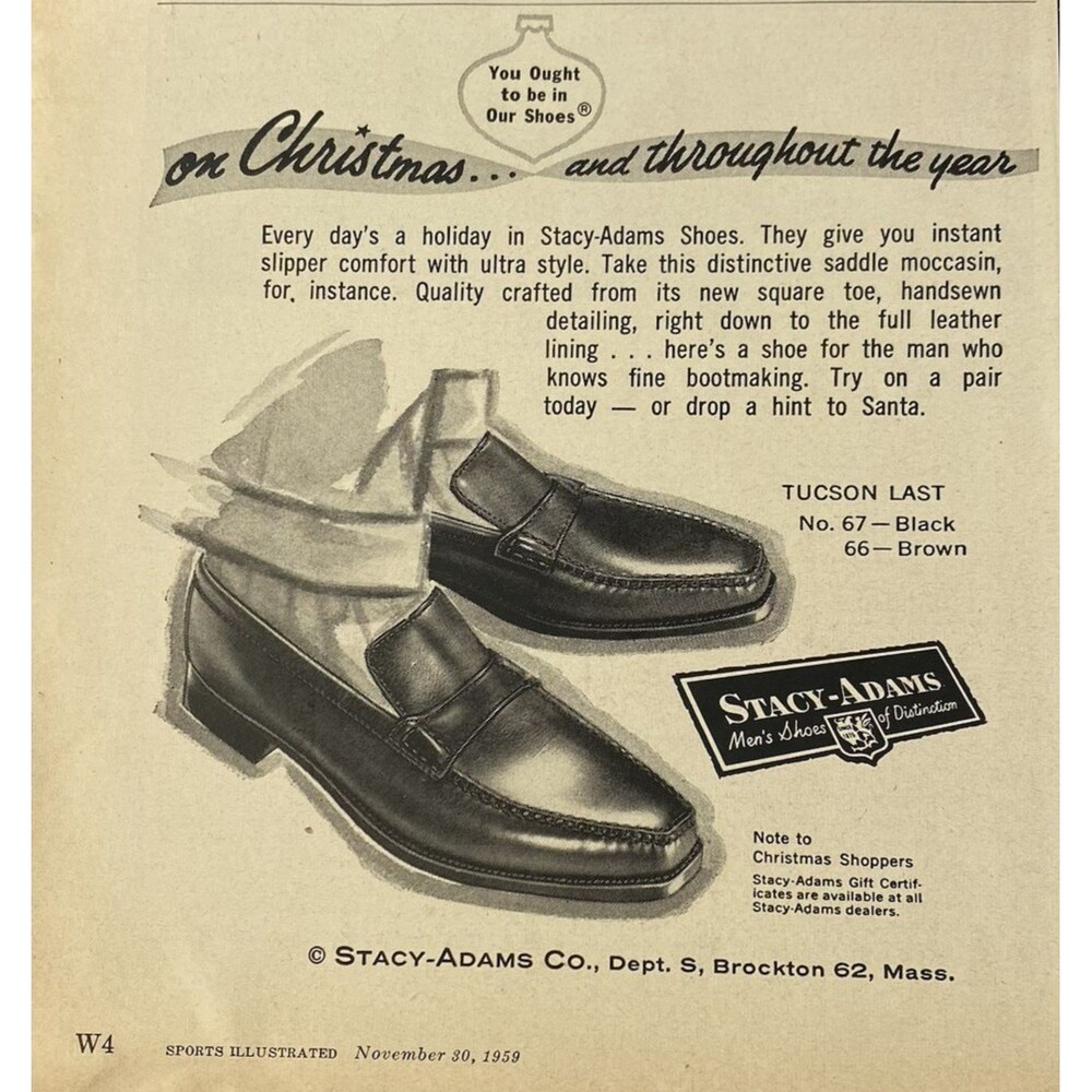 Stacy Adams Men's Shoes "On X-mas and Throughout the Year" Vintage Print Ad 1959